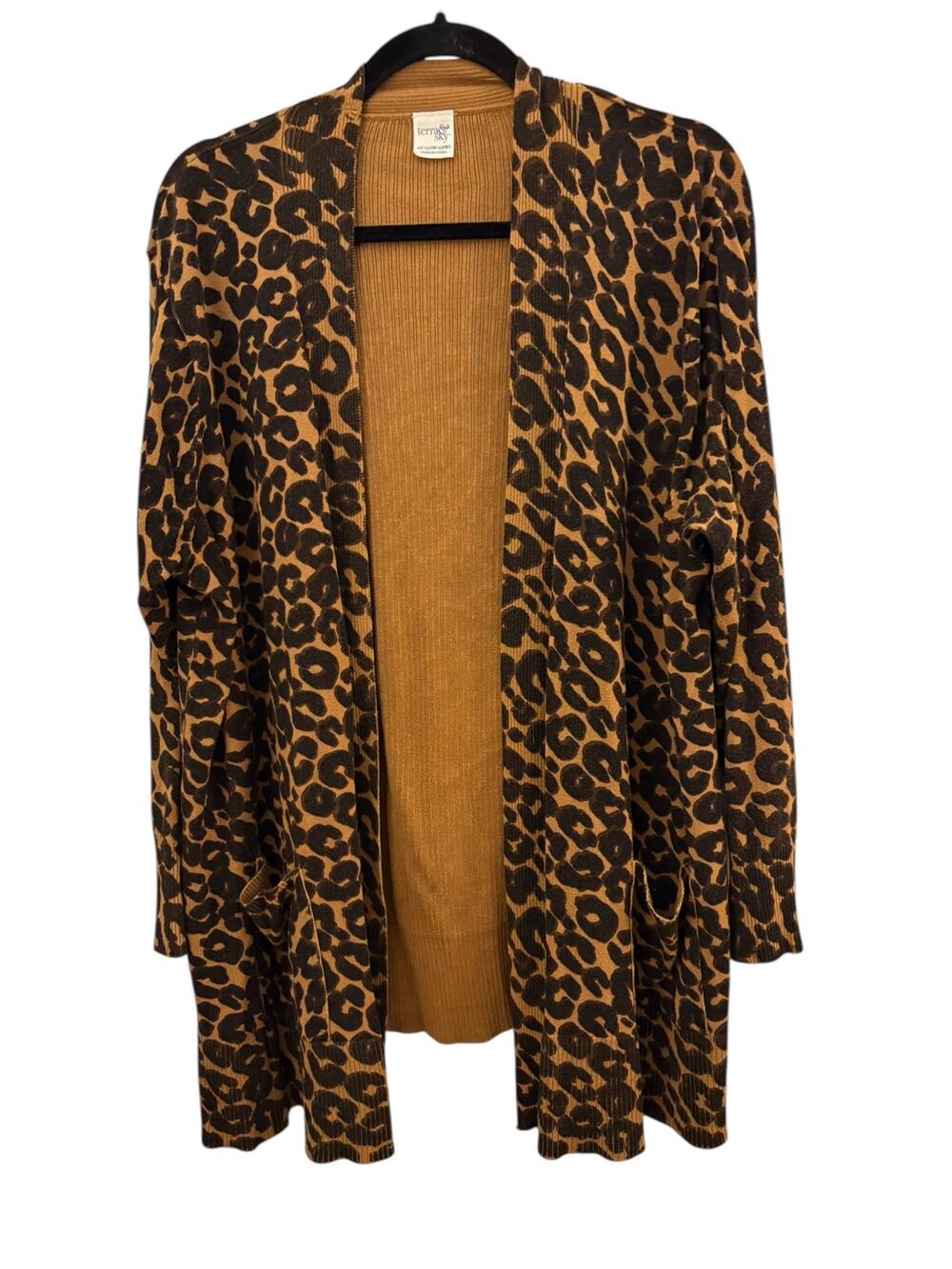 Leopard Print Cardigan Sweater Terra & Sky 2XL Light Tight Knit Long Sleeve